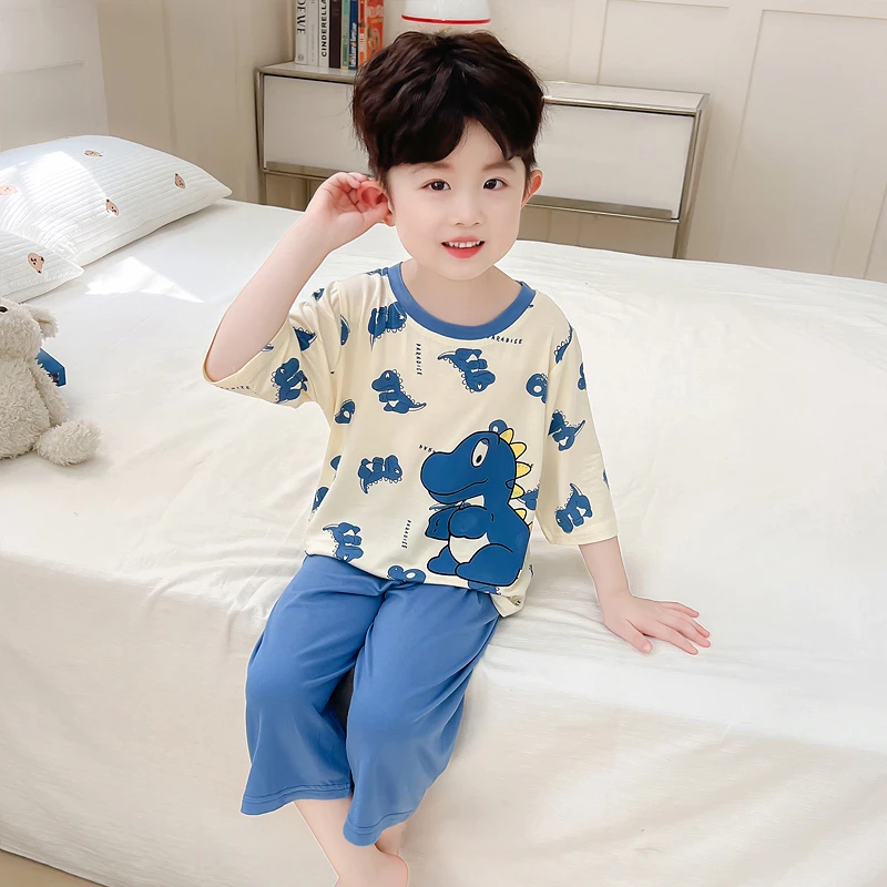 男童睡衣夏季莫代尔薄款儿童恐龙家居服宝宝夏款七分袖空调服套装