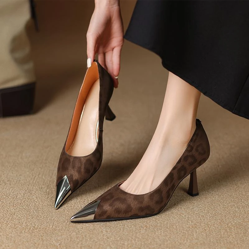 法式气质尖头浅口单鞋女2025新款软皮时尚性感豹纹优雅细跟高跟鞋
