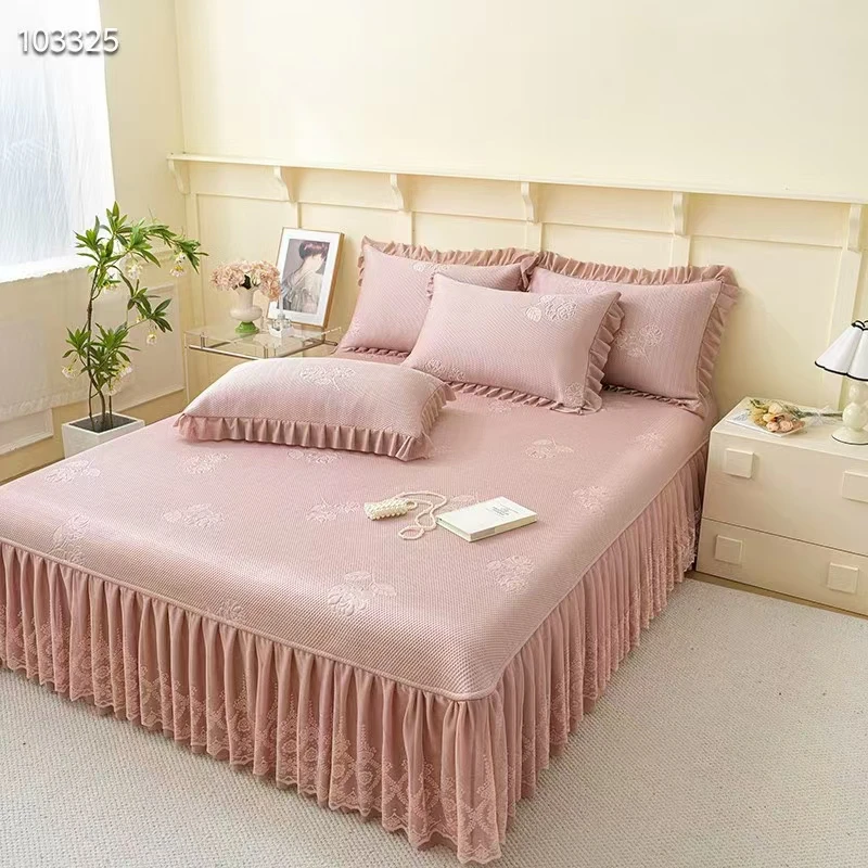 【栀子花】冰豆豆凉席三件套韩版床裙款夏季可机洗软凉席防滑空调席