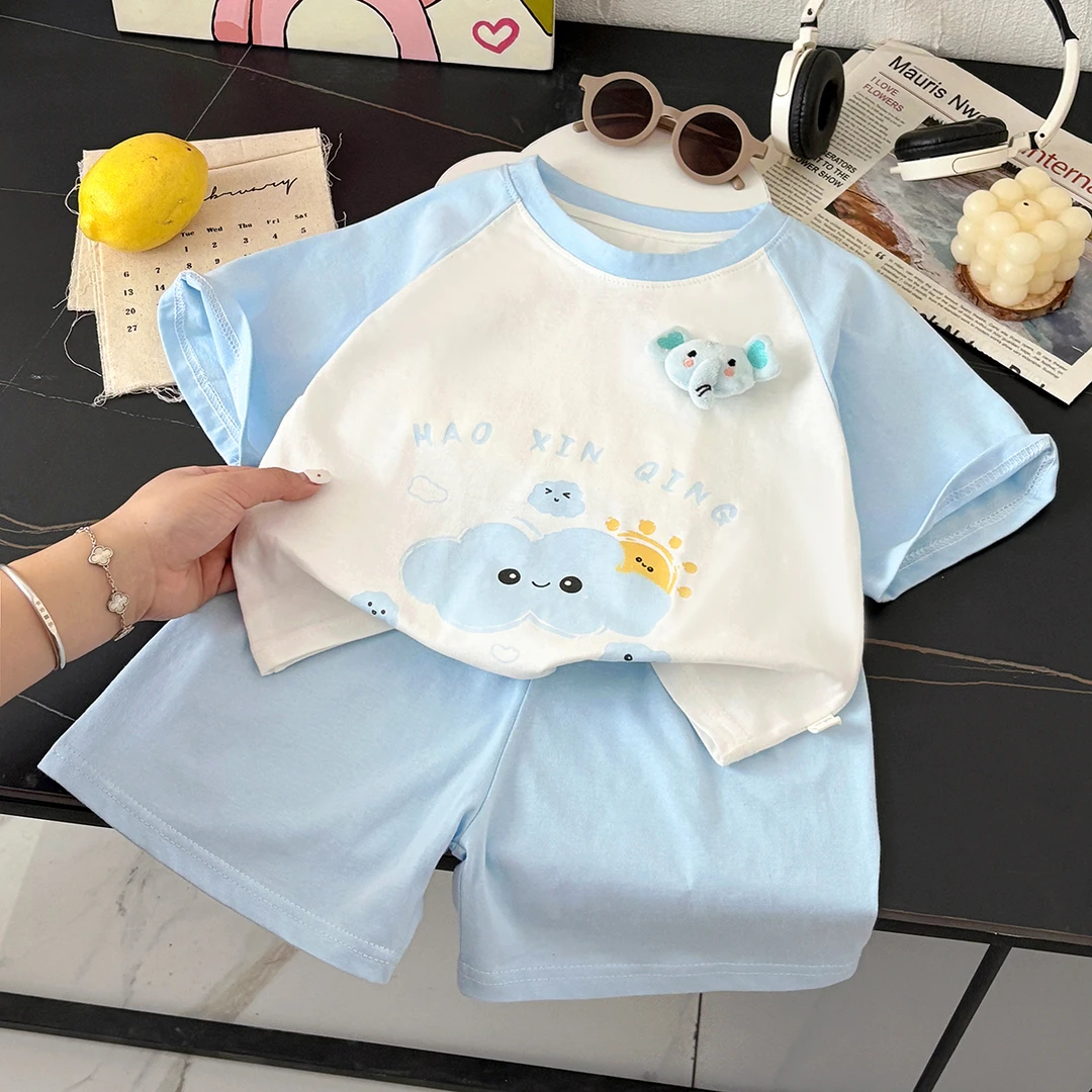 【立体玩偶】100%纯棉儿童短袖套装2025新款宽松韩版卡通T恤套装