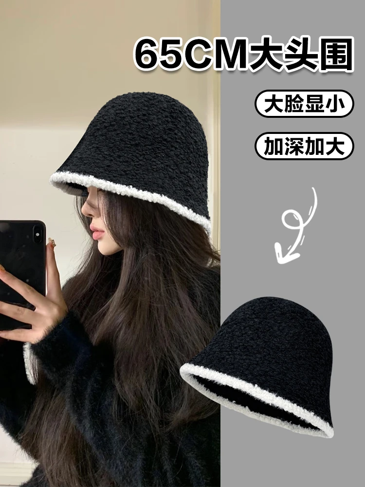 大头围渔夫帽秋冬季毛绒水桶帽遮脸显脸小针织加厚保暖盆帽韩版女