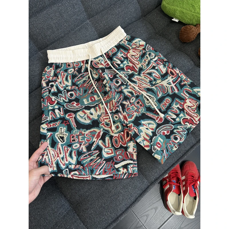 vintage民族风短裤男生夏季穿搭夏威夷美式潮牌五分裤直筒休闲裤