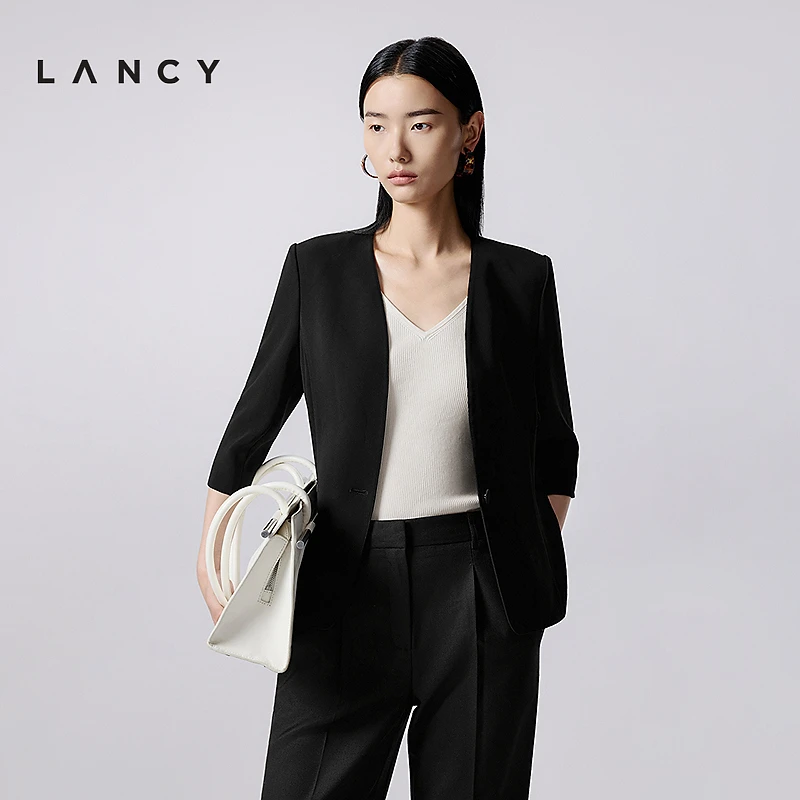 LANCY/朗姿2025年秋新款气质通勤无领西装女三醋酸七分袖黑色外套