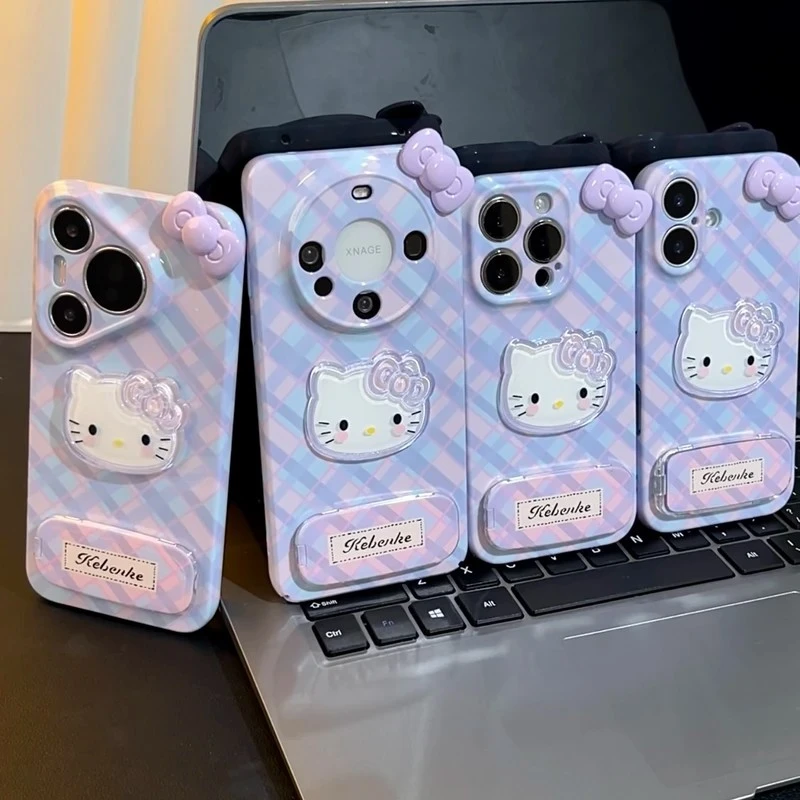 凯蒂紫格纹蝴蝶结适用苹果16/13手机壳iPhone华为vivoppo小米15