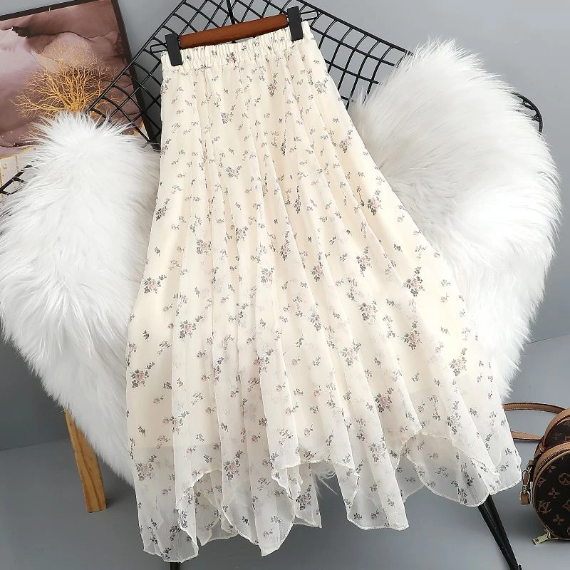 小清新网纱碎花半身裙女夏季薄款新款印花a字中长款不规则纱裙子