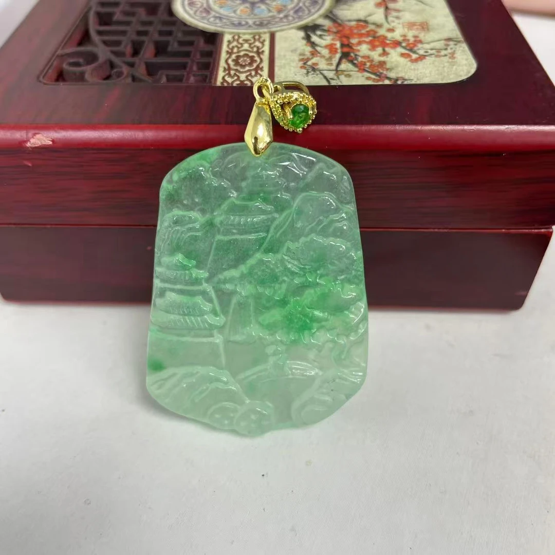 【大喜儿】正绿花山水牌吊坠-12WQ2158