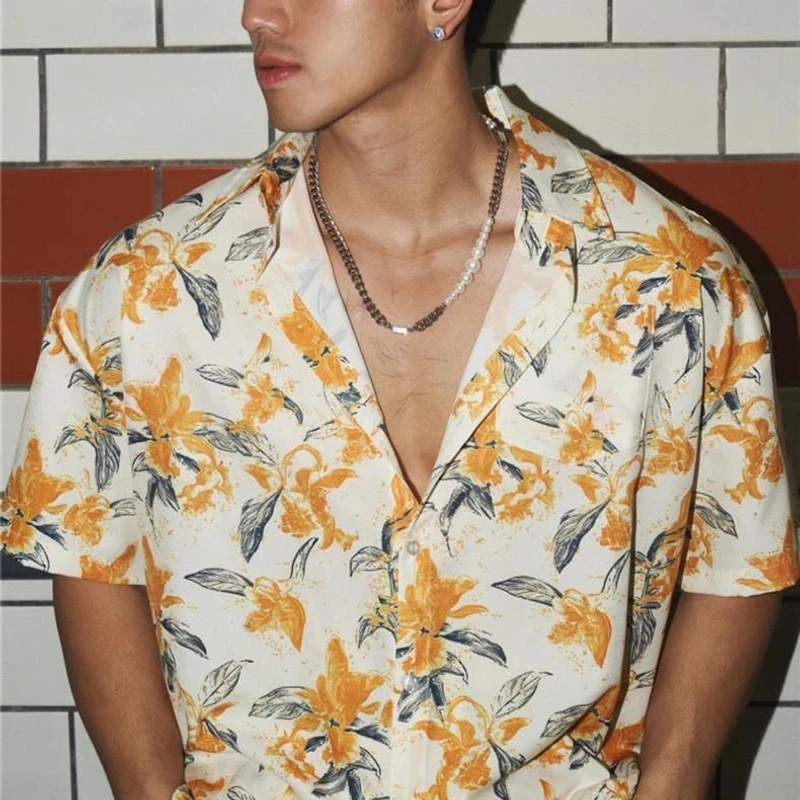 2025夏季新款港风复古印花短袖衬衫男士慵懒风休闲舒适薄款花衬衣