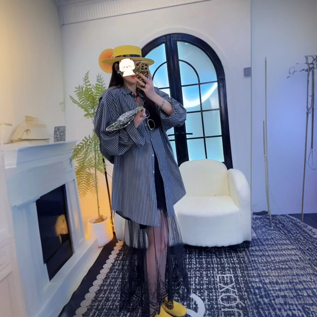 大萍子家 宽松条纹衬衫小众港风中长款韩版设计感衬衣1071