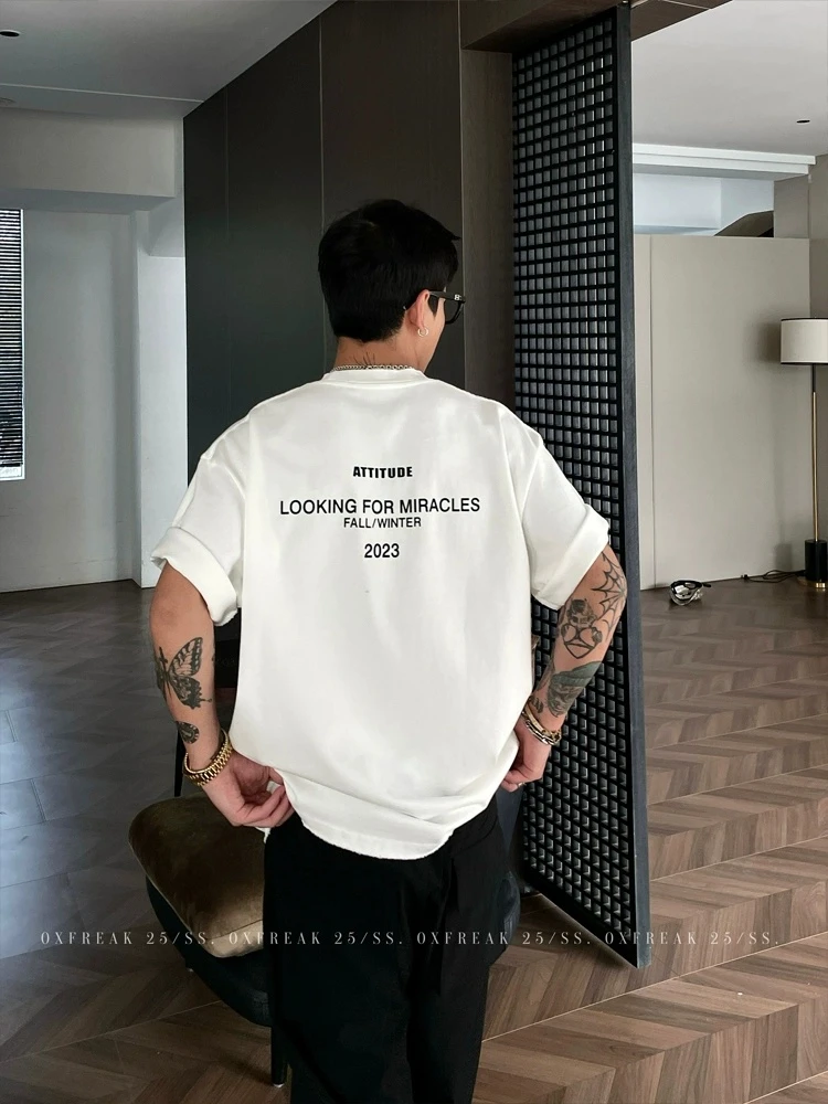 美式重磅230G纯棉夏季短袖t恤男痞帅高级感男装宽松圆领半袖上衣