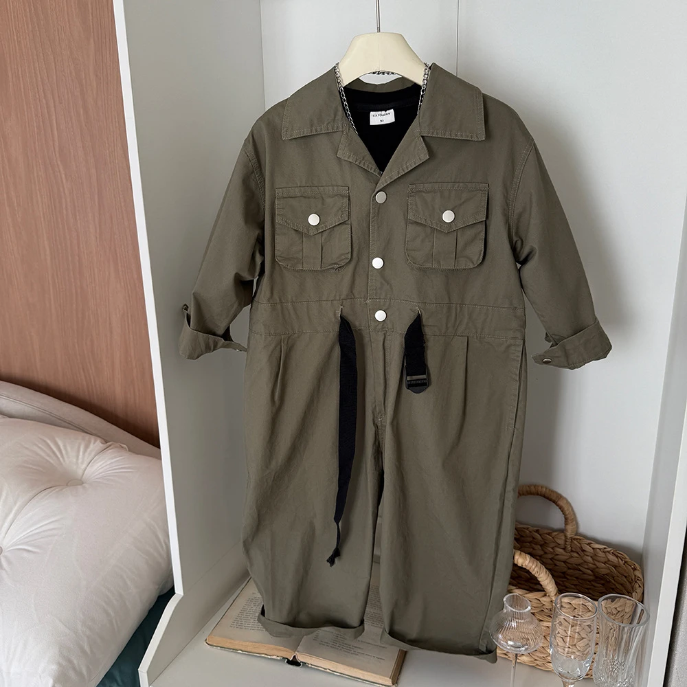 儿童连体衣2025春季新款韩系工装连体外套酷帅炸街中长款翻领风衣