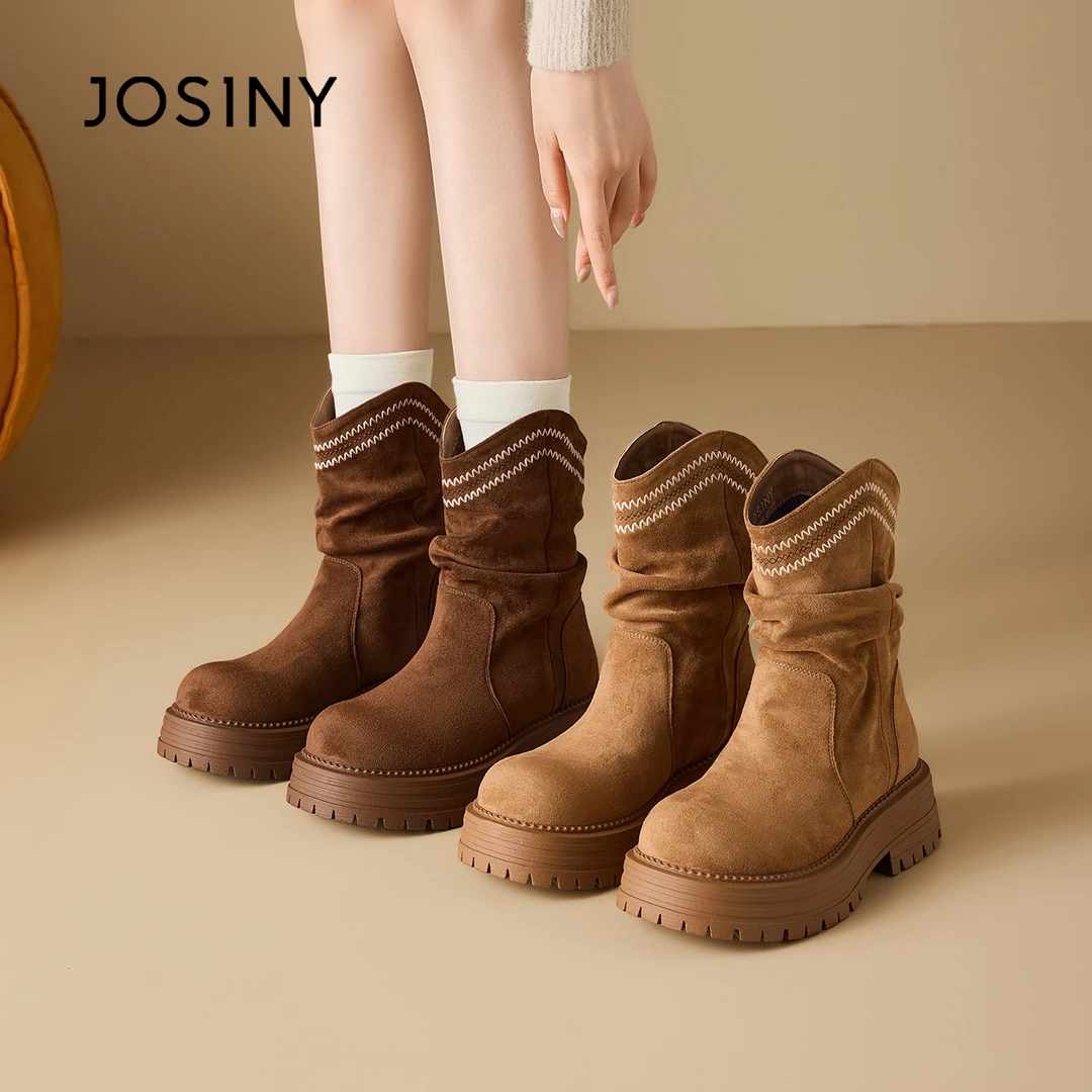 卓诗尼厚底美拉德短靴女2025新款秋冬复古马丁靴子增高堆堆西部靴