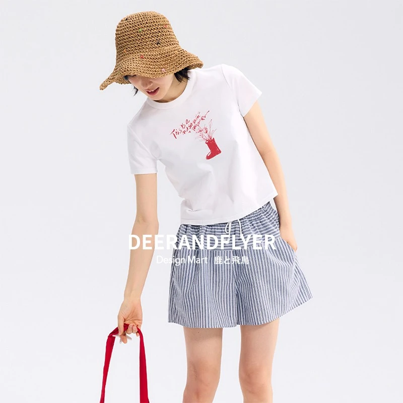 鹿与飞鸟“海底狂想”撞色主题印花双色正肩合身短款T恤6667/6669彐