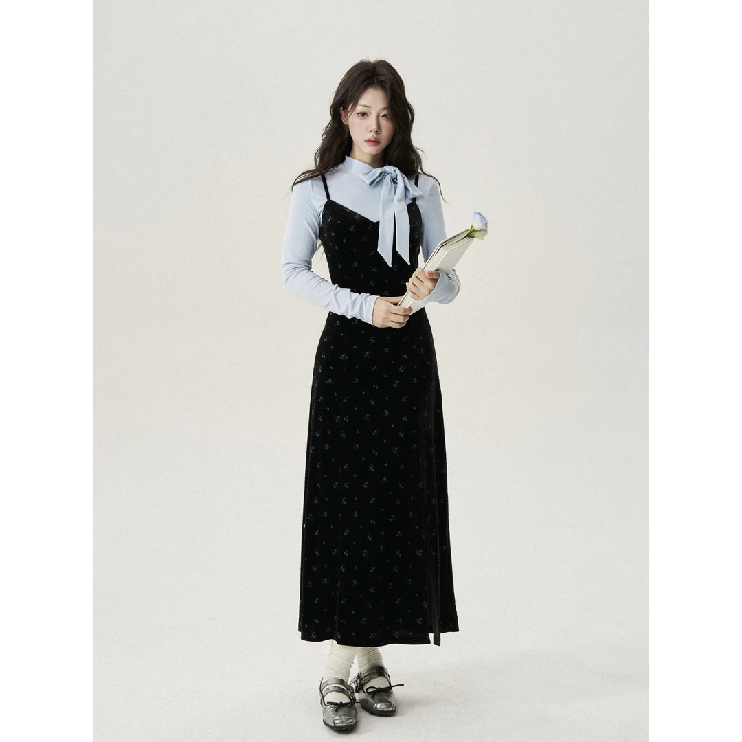 【小野莓】韩版气质蝴蝶结碎花收腰显瘦精致法式吊带裙-清清BL86082