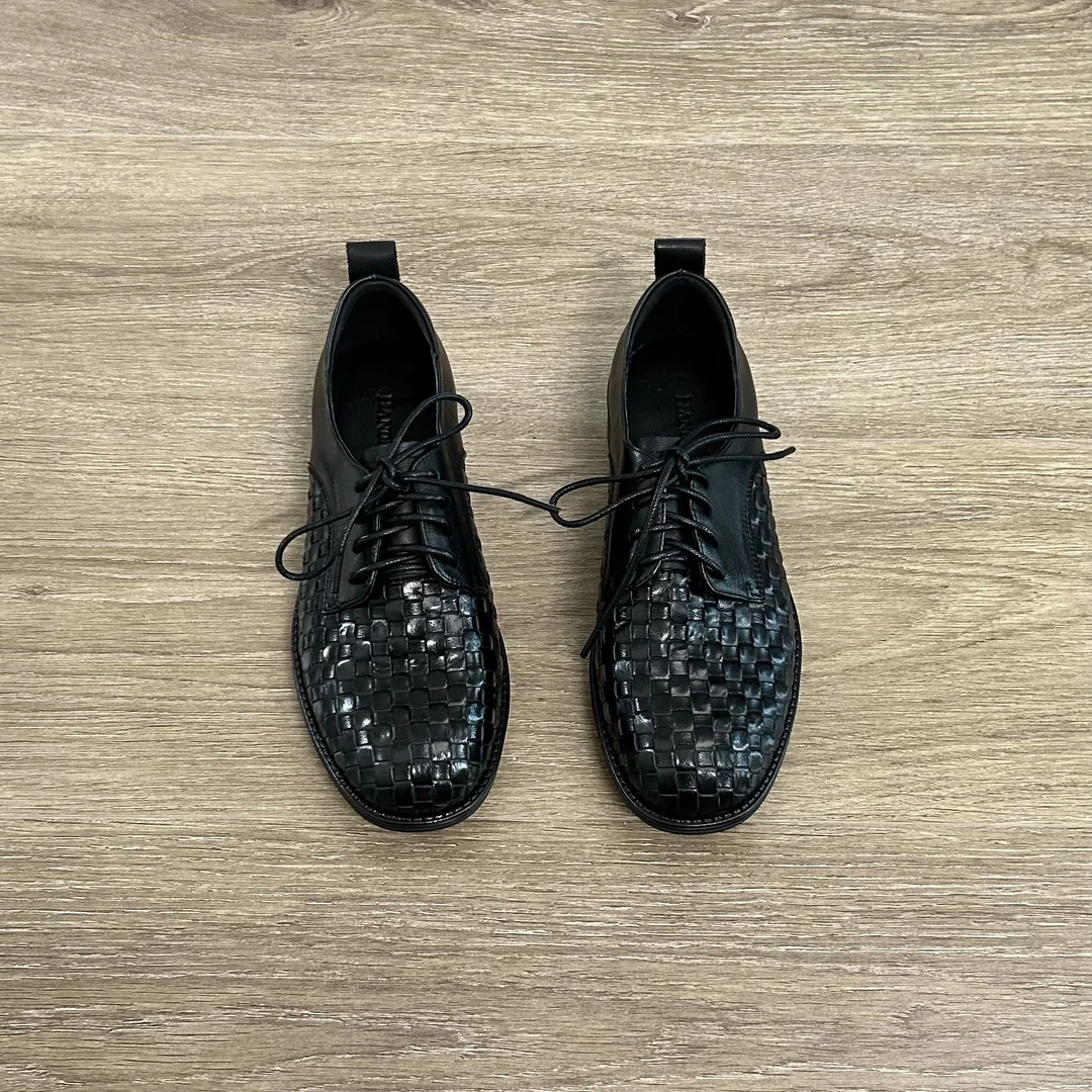 Dannyfrey新款头层牛皮英伦风手工编织复古女时尚系带乐福鞋3CM