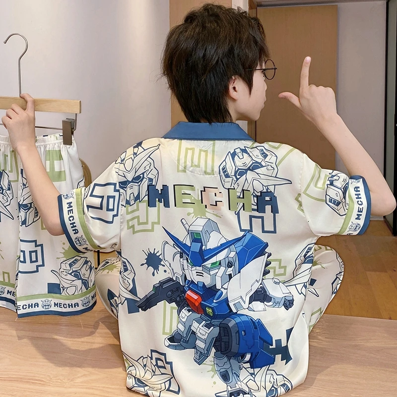 YUZHAOLIN/俞兆林夏天外穿男童夏季新款冰雪丝翻领睡衣卡通三件套