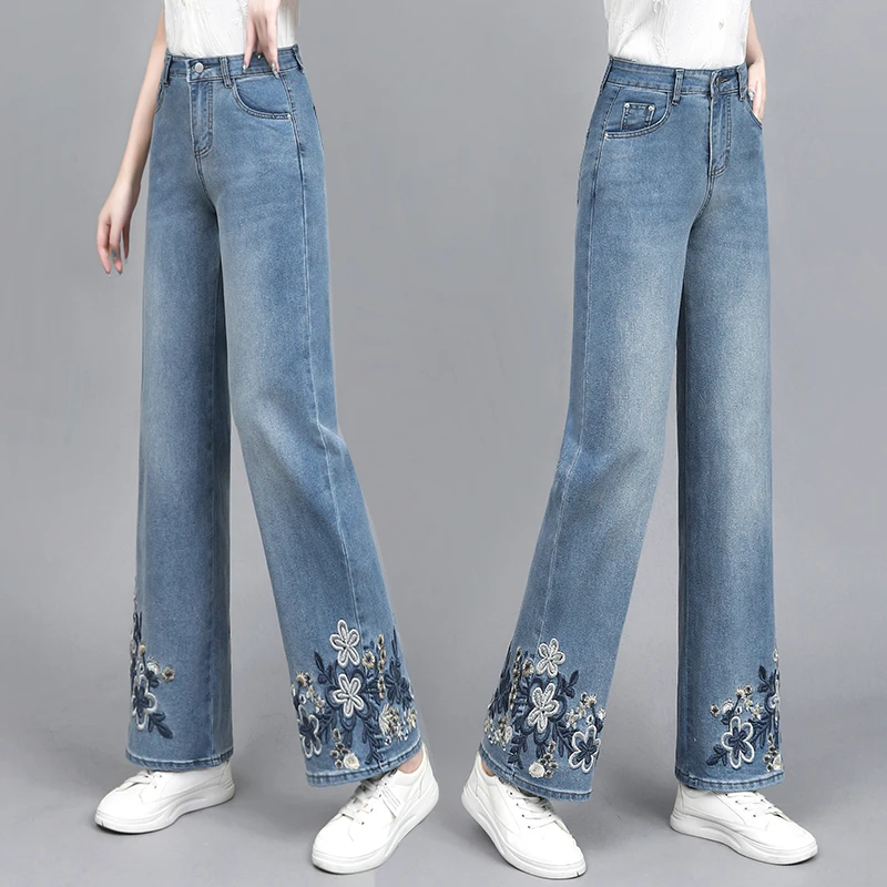 新中式刺绣花朵九分裤复古休闲夏天蓝色裤子高腰气质显瘦小个子