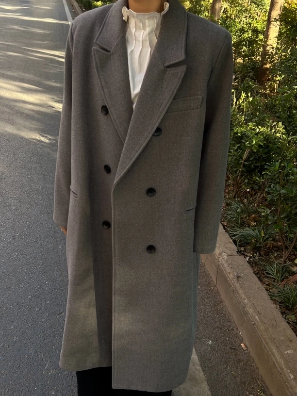 【911】高级气质月光灰毛呢大衣