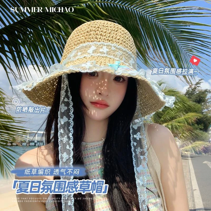 品牌线上同款法式蝴蝶蕾丝飘带草帽女2025新款夏季海边度假沙滩帽
