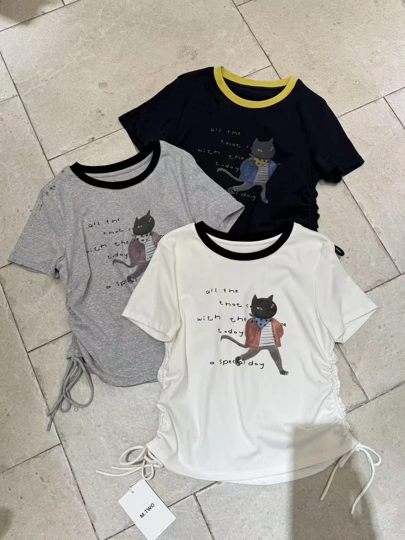 温柔瑶-MTWO#撞色领趣味卡通猫咪收腰上衣#3391
