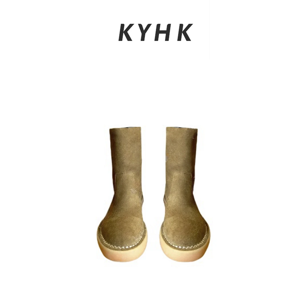 KYHK简约高丝光牛皮反绒靴平底中筒241186