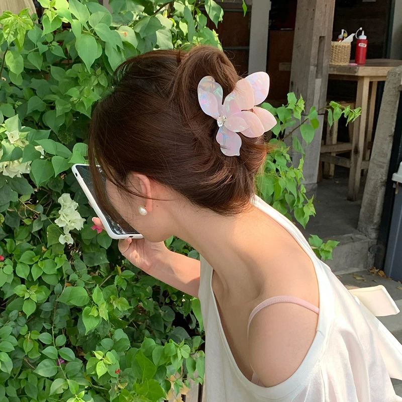 赵露思同款人鱼姬三角梅镶钻花朵抓夹女后脑勺半扎夹子发夹鲨鱼夹