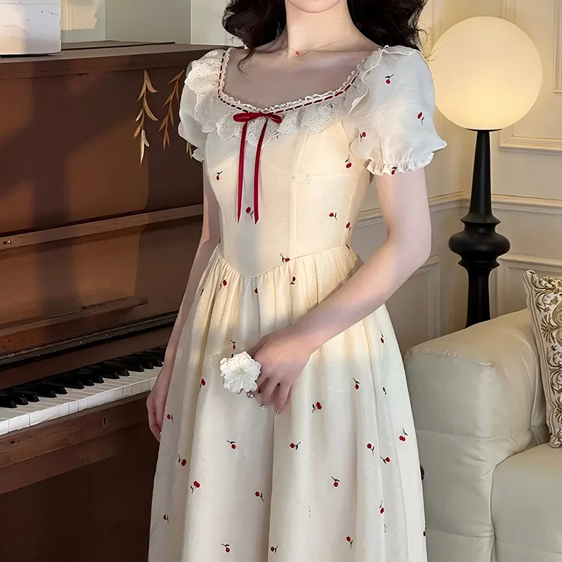 【有里布】法式复古甜美小众收腰长裙花边领女夏季初恋连衣裙D1337