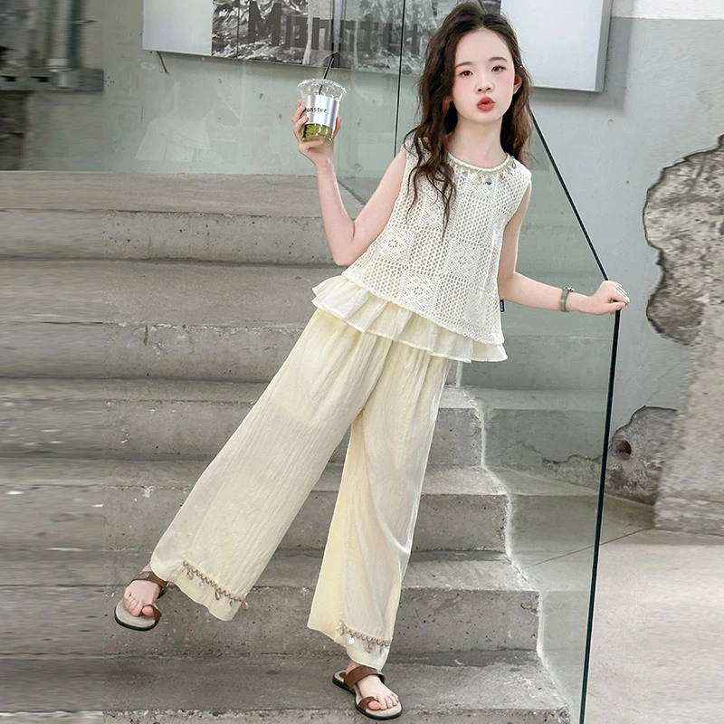 女童夏季套装2025新款中大儿童夏天波西米亚穿搭背心阔腿裤两件套