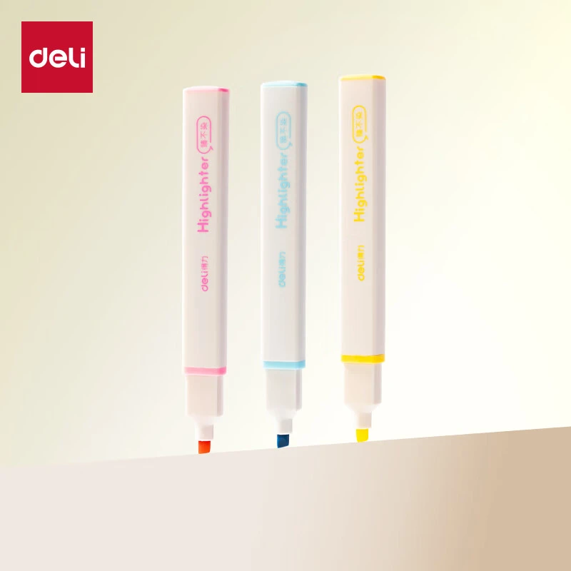 得力3色方杆不易晕染荧光笔彩色记号笔 学生考试复习办公SK208