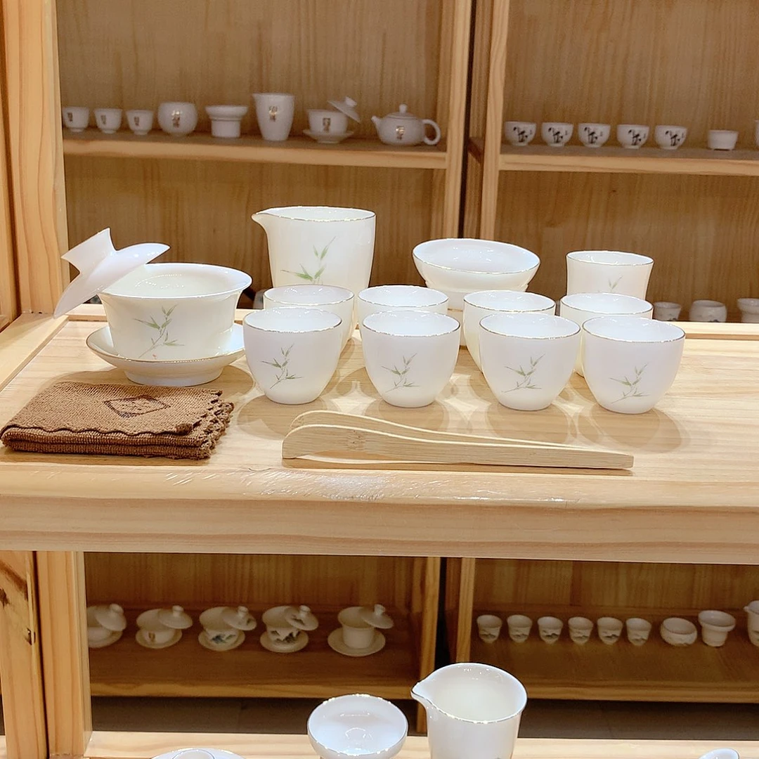 羊脂玉瓷竹报平安15件套功夫茶具