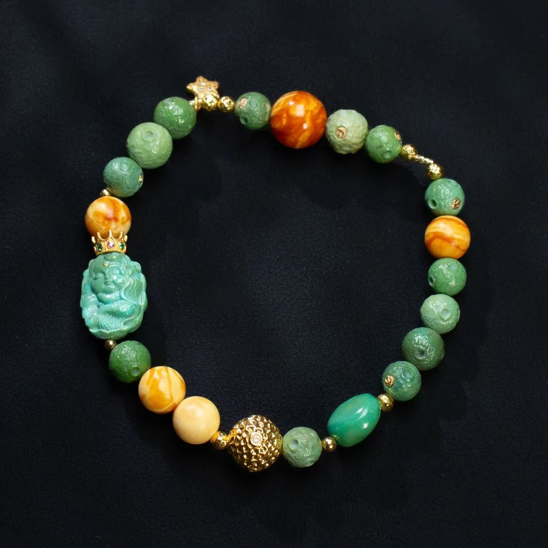 【壹芳珠宝】天然原矿绿松18k金镶美人鱼多宝单圈