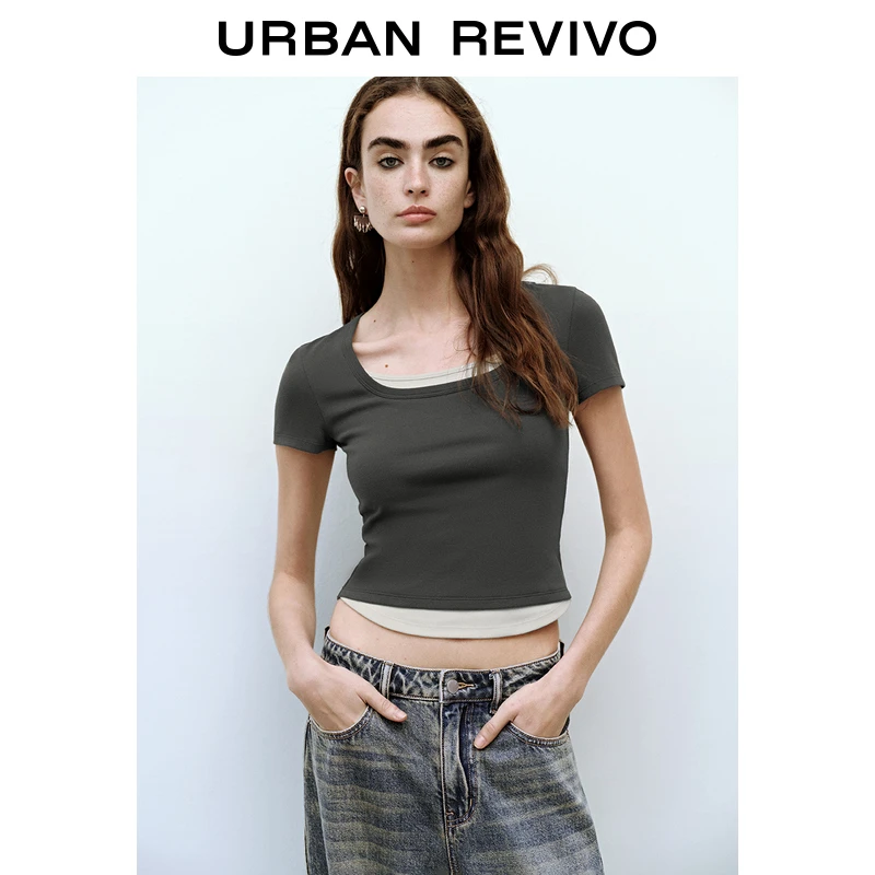 UR2025春季新款女装欧若风休闲撞色假两件修身短袖T恤UYY450066