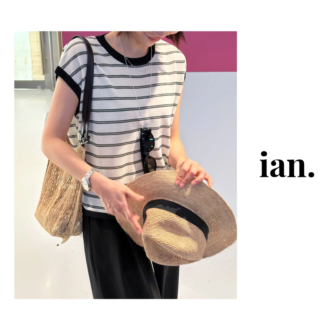 【ian】条纹飞飞袖下摆系带针织小衫