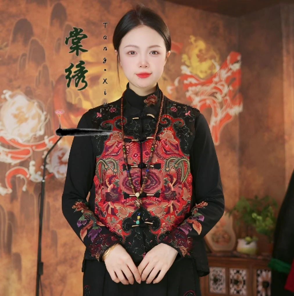 【棠绣】泛春弦·春季新款民族风复古刺绣国风缎面立领绣花马甲坎肩