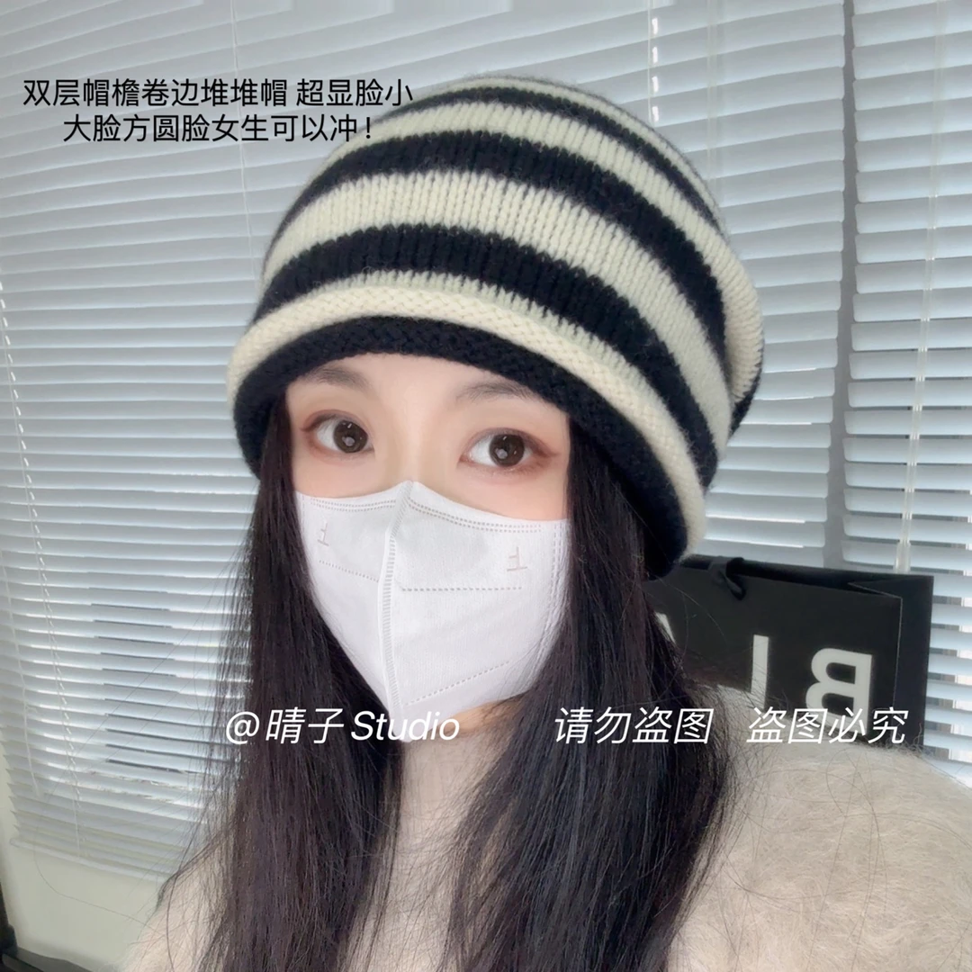晴子 100%羊毛系列～大脸方圆脸女生都可以戴的双层帽檐卷边堆堆帽