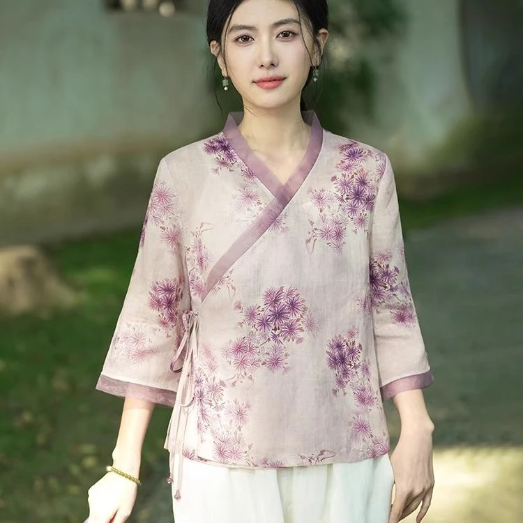 9206#印花复古v领遮肉上衣中式国风女装温柔斜襟七分袖禅意茶服女