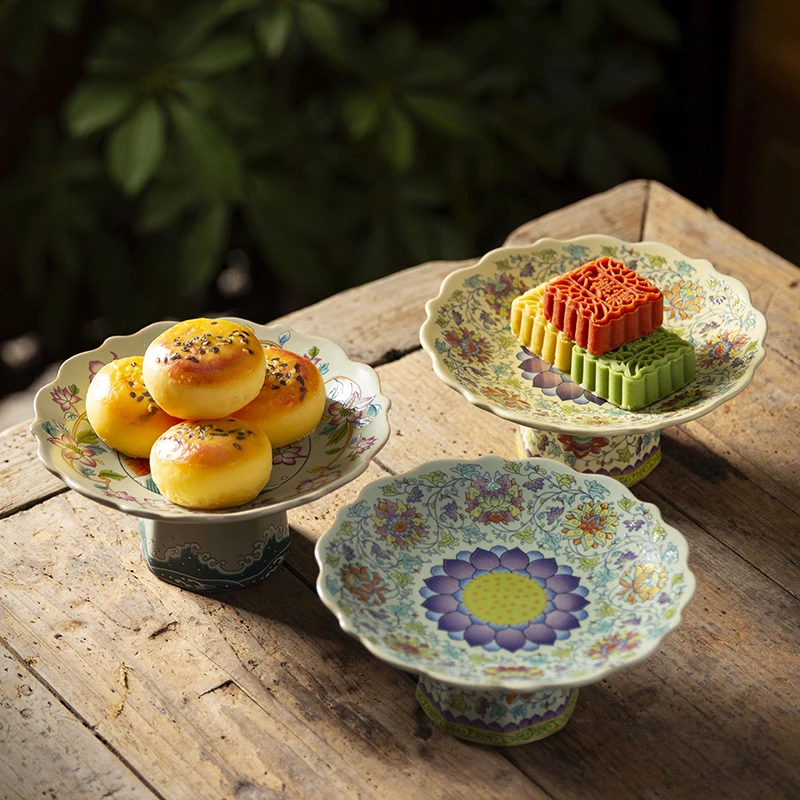 中式青花瓷干泡高足果盘茶几茶点点心盘高脚水果干果零食供盘陶瓷