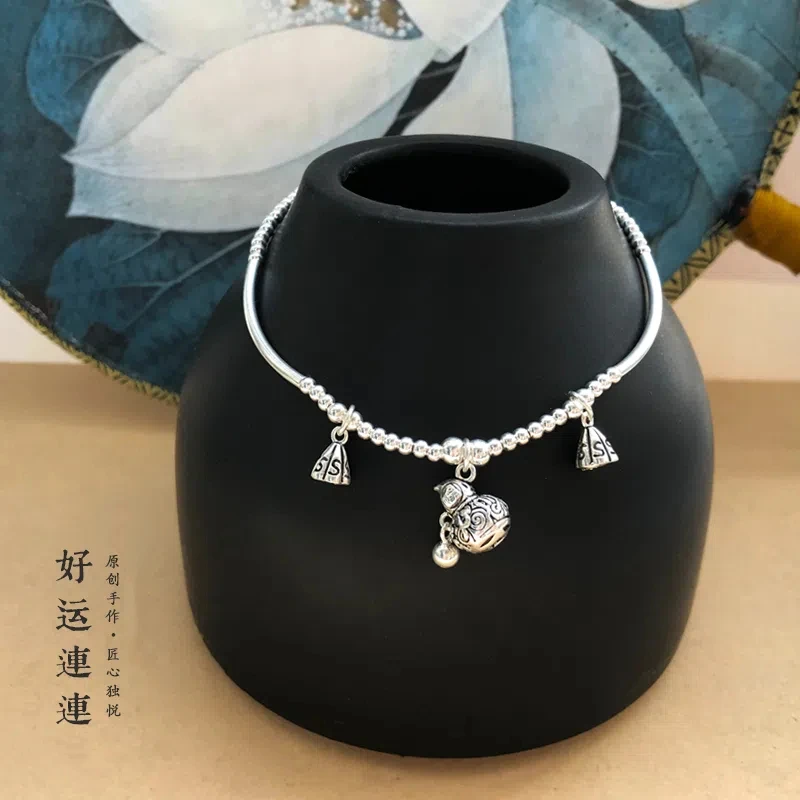 925银脚链 复古葫芦脚链银珠子莲蓬转运吉祥平安好运连连招财百搭