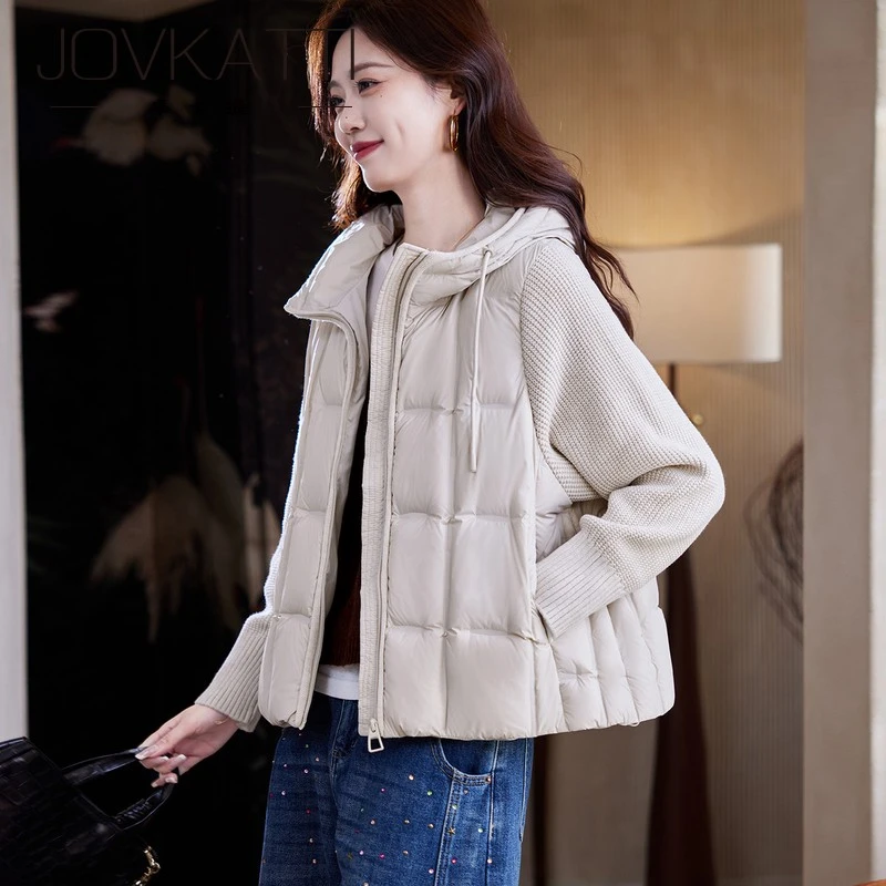 连帽针织拼接羽绒服女2025冬季韩版轻薄90白鸭绒休闲外套