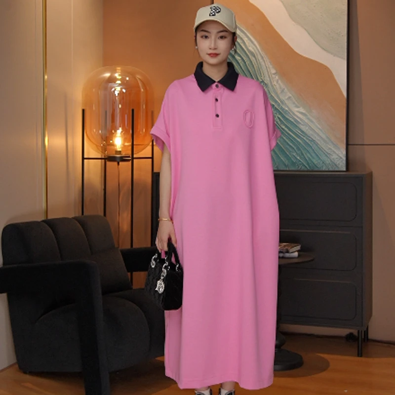 金狐狸2025春夏欧韩时尚长裙套头翻领显瘦短袖POLO领长款连衣裙女