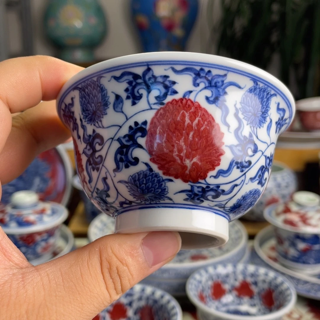釉里红霸王团菊压手杯