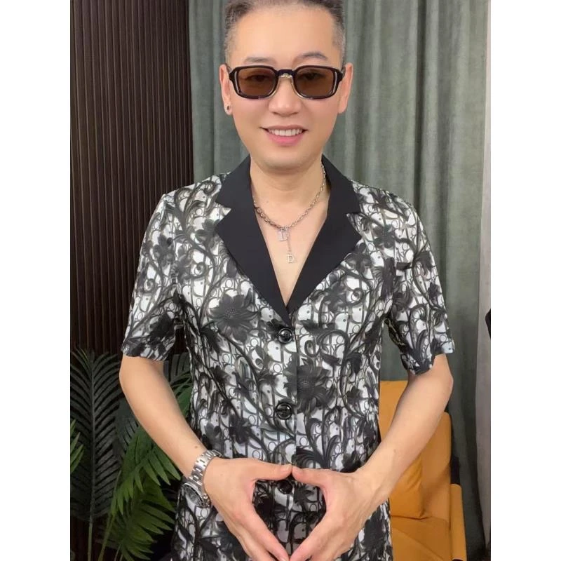 男士夏季翻领西服短袖时尚男士情侣运动提花潮流外套短袖春夏