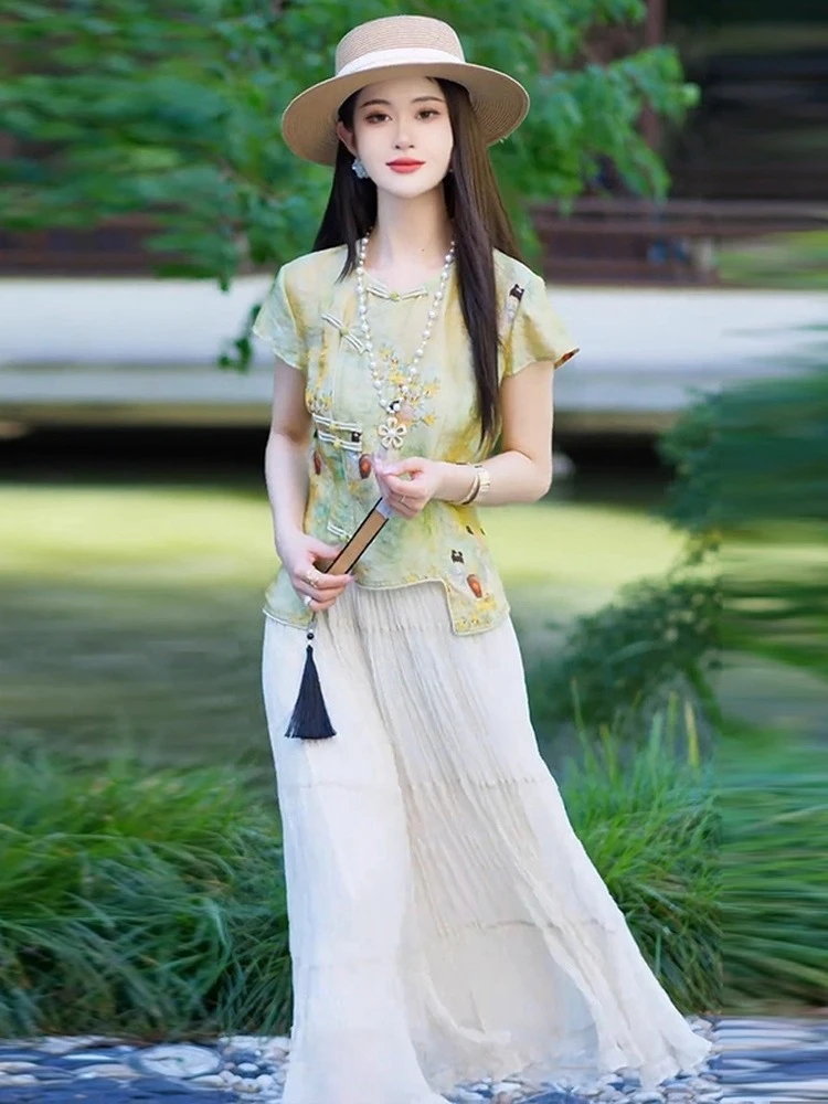 时尚新中式国风衬衫女2025夏季新款洋气减龄显瘦衬衣上衣阔腿裤潮