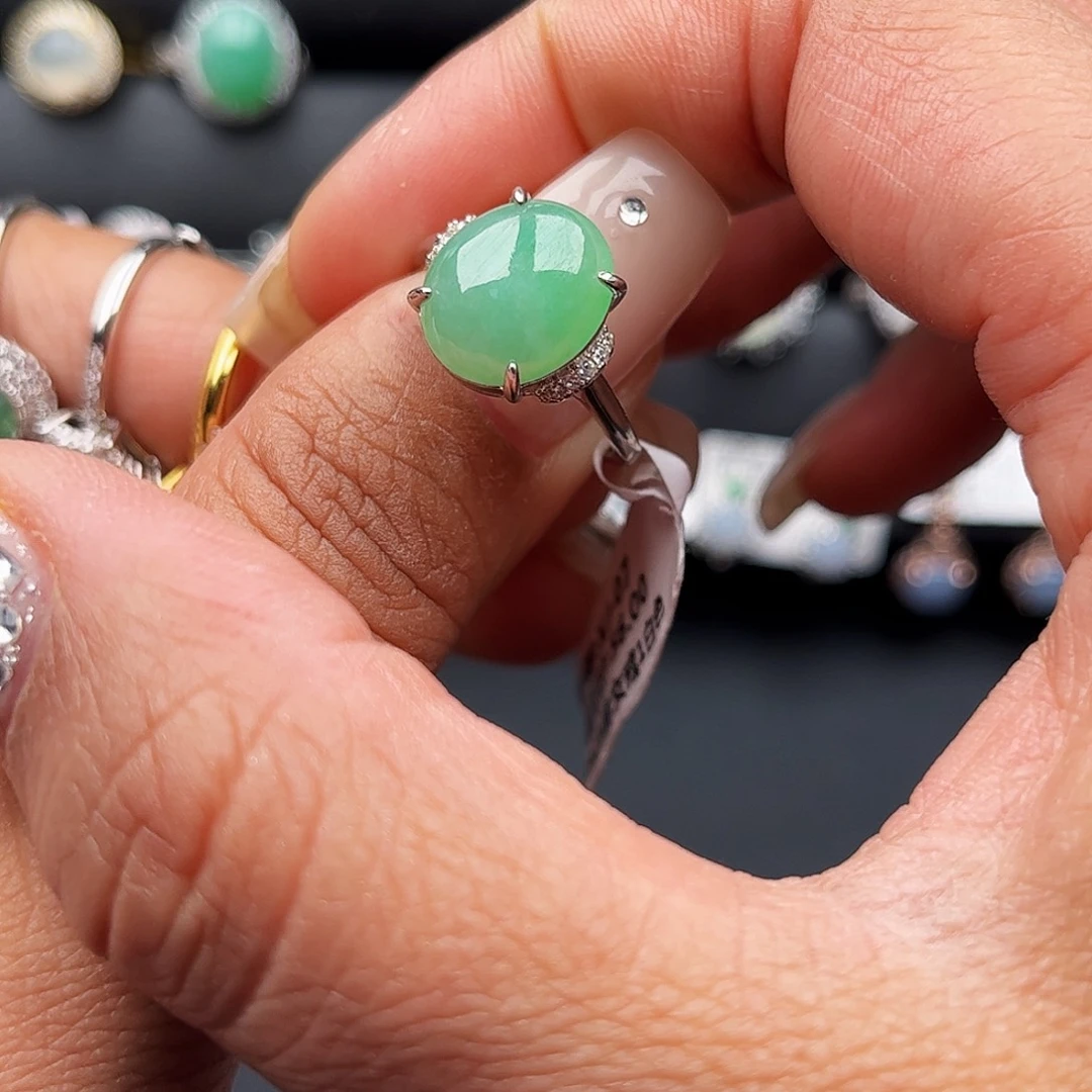 翡翠戒指银S925镶嵌缅甸天然A货翡翠女戒指