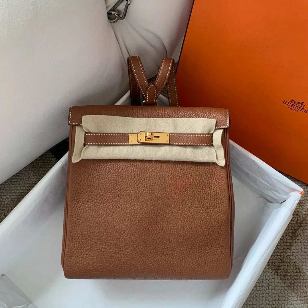 99新 Hermes/爱马仕 蔚蓝/金棕 金扣 Kelly ado 双肩包