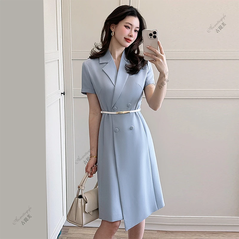 连衣裙通勤中西装布料连衣裙韩版显瘦法式时尚职业西服套装女