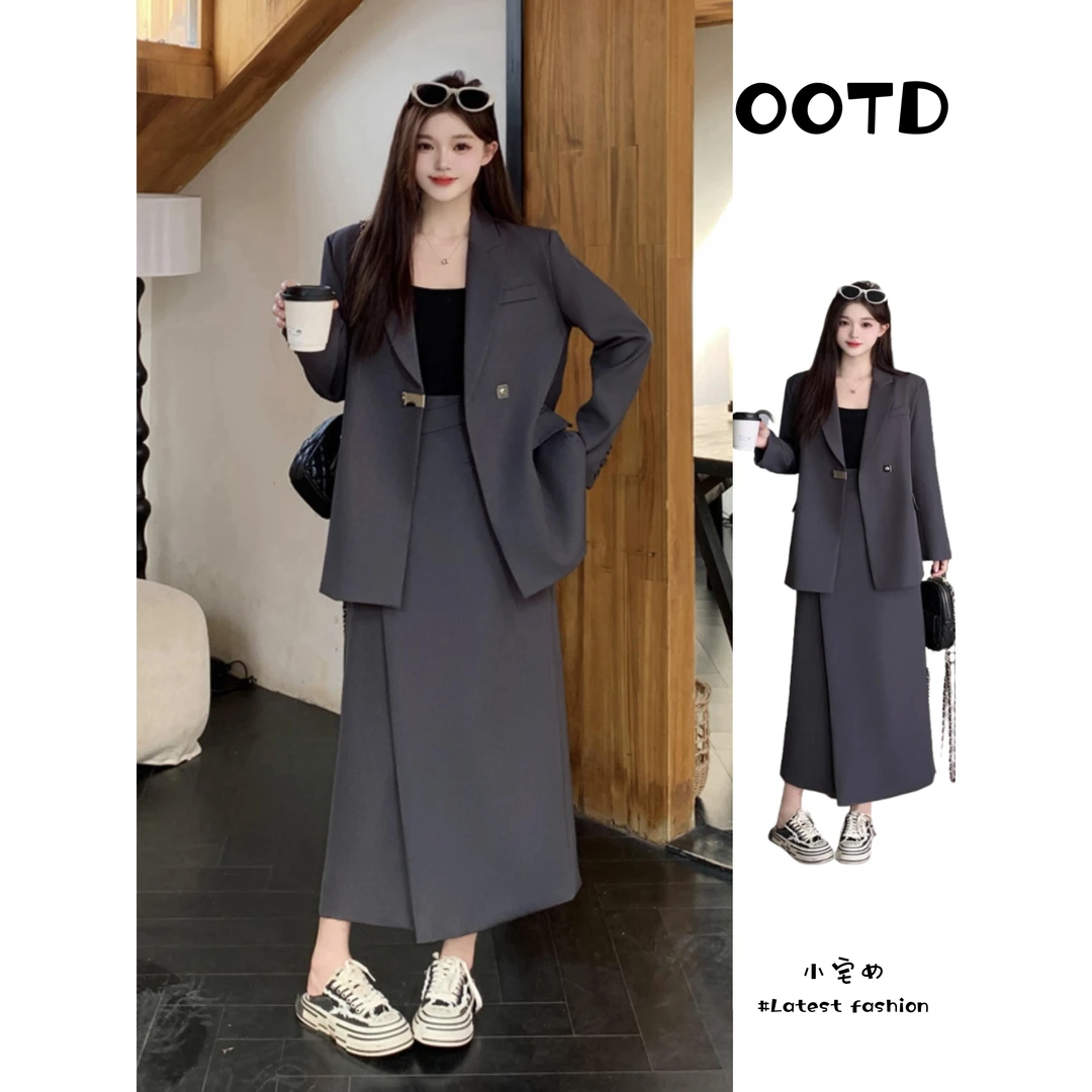 VOCKOO官方大码女装高级感灰色西装套装秋季胖MM气质西装外套高腰