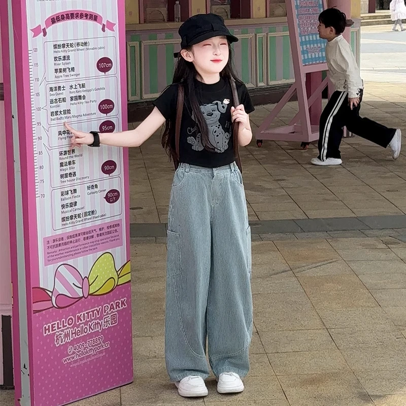 女童洋气夏季薄款牛仔裤子T恤套装2025新款休闲网红大童装两件套