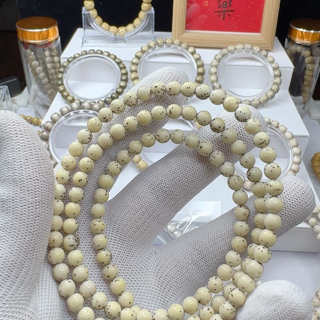 手串星月菩提石玉料6/6圆珠绿包白半壁留白小细星多圈