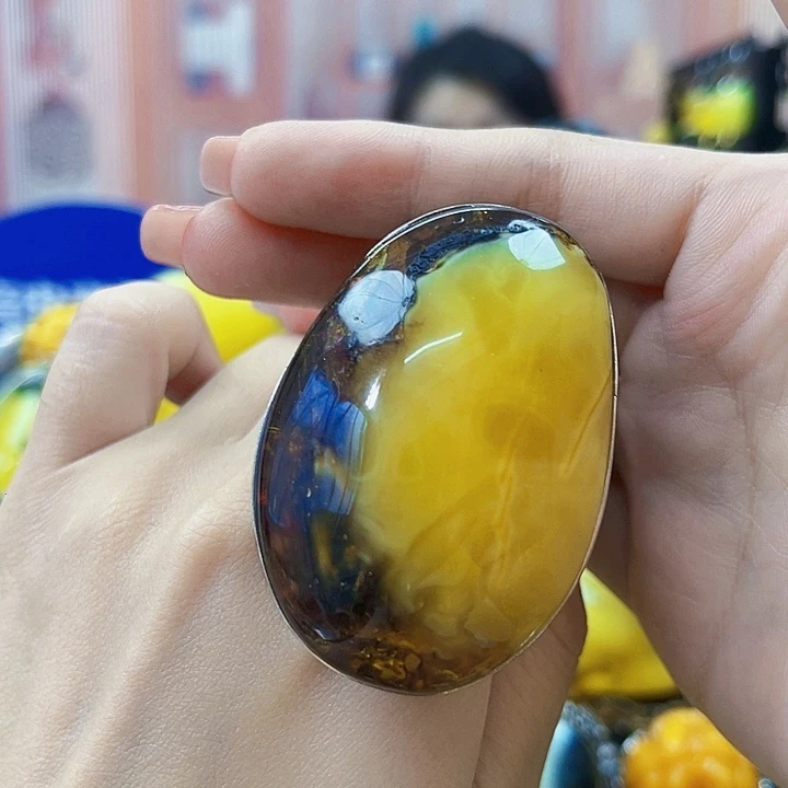 琥珀银S925镶嵌颈饰戒指