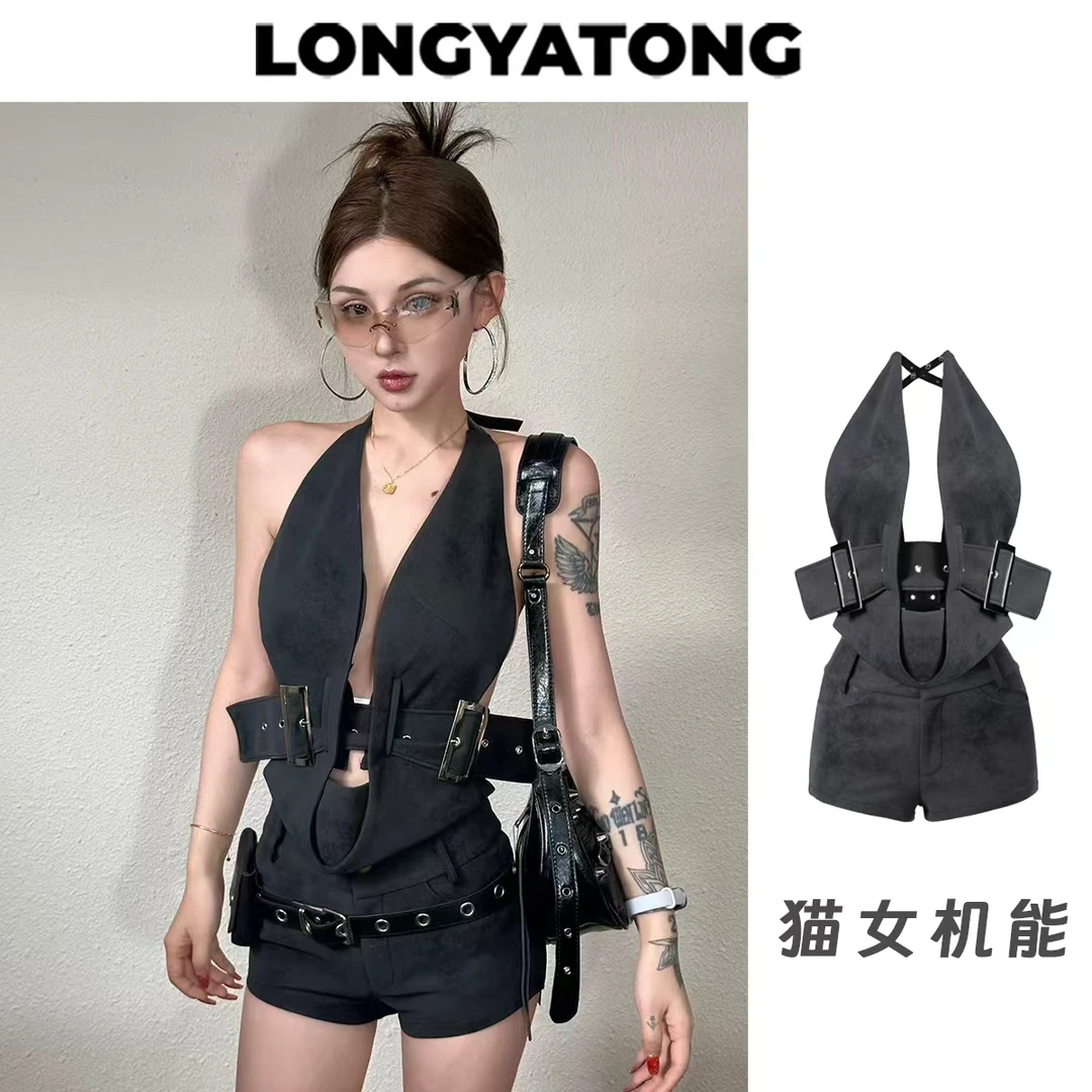 龙怼怼推荐【猫女机能】新款显瘦气质无袖套装裤两件套辣妹重工短款